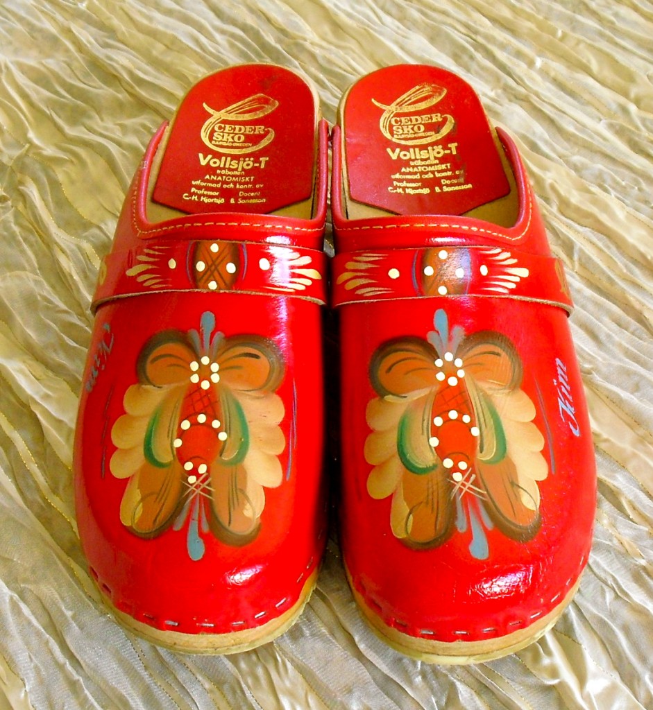 Red Leather Clogs Hand Painted with Scandiavian Designs by My Mother 