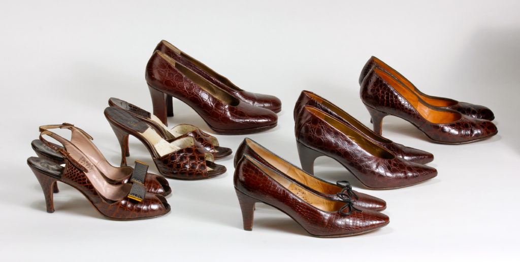 Here is a collection of alligator shoes - some are real and some are faux or fake alligator. Can you tell which is which? Starting on the left side and traveling front to back, 1) is a pair of real alligator Palter de Lisa sling back pumps,